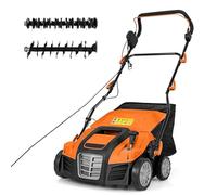 GOPLUS Escarificador Eléctrico, Cortacésped de Empuje con Ajuste de Profundidad de 5 Posiciones, Bolsa de Recolección Desmontable 55 L, Rastrillo Eléctrico Plegable para Cuidado del Césped (Naranja)