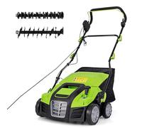 GOPLUS Escarificador Eléctrico, Cortacésped de Empuje con Ajuste de Profundidad de 5 Posiciones, Bolsa de Recolección Desmontable 55 L, Rastrillo Eléctrico Plegable para Cuidado del Césped (Verde)
