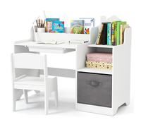 GOPLUS Escritorio Infantil para Niñas y Niños en Forma de Casa, Mesa Infantil con Silla Ergonómica, Escritorio de Estudio con Almacenaje, Estante y Cajones, para Dormitorio y Guardería (Blanco)