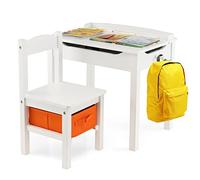 GOPLUS Escritorio y Silla para Niños, Mesa de Actividades y Silla de Madera para Niños con Tapa Abatible, Set de Muebles para Niños para Manualidades/Juegos/Educación en el Hogar (Blanco)