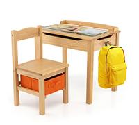 GOPLUS Escritorio y Silla para Niños, Mesa de Actividades y Silla de Madera para Niños con Tapa Abatible, Set de Muebles para Niños para Manualidades/Juegos/Educación en el Hogar (Natural)