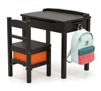 GOPLUS Escritorio y Silla para Niños, Mesa de Actividades y Silla de Madera para Niños con Tapa Abatible, Set de Muebles para Niños para Manualidades/Juegos/Educación en el Hogar (Café)