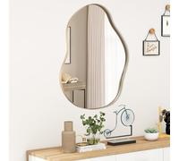 GOPLUS Espejo decorativo de pared, espejo en forma irregular con reflejo HD claro, marco de madera, 2 métodos de suspensión para entrada, salón (oro, 78 x 56,5 cm)