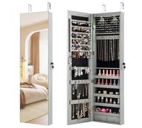 GOPLUS Espejo Joyero, Armario Joyero de Pared o Colgante de Puerta con Espejo de Cuerpo Entero, Luz LED, Cajones, Ranuras para Pendientes y Anillos, Organizador de Almacenamiento para Joyas (Gris)