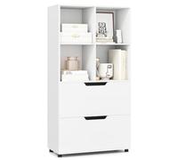 GOPLUS Estantería con 4 Cubos y 2 Cajones, Librería de Estilo Rústico con 2 Dispositivos Antivuelco, Mueble Moderno de Madera para Exposición y Almacenamiento, Organizador para Salón (Blanco)