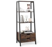 GOPLUS Estantería de Escalera, Librería de 4 Niveles con 4 Estantes, 2 Cajones, Estantería de Pie con Estructura de Metal, Armario de Pie Moderna para Sala De Estar, Dormitorio (Marrón)