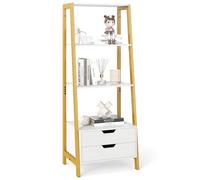 GOPLUS Estantería de Escalera, Librería de 4 Niveles con 4 Estantes, 2 Cajones, Estantería de Pie con Estructura de Metal, Armario de Pie Moderna para Sala De Estar, Dormitorio (Blanco)