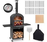 GOPLUS Horno para Pizza para Exteriores, Horno para Pizza Portátil Multicombustible con Ruedas, Piedra de Pizza, Pala, 2 Parrillas, Termómetro, Estantes de Almacenamiento Laterales para BBQ, Fiesta