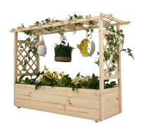 GOPLUS Jardinera Elevada de Madera Maciza con Enrejado y Techo Colgante, Huerto con Orificios de Drenaje para Enredaderas Verdura Fruta Hierbas Flores, Cama de Jardín Exterior Interior (148x50x103cm)