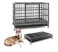 GOPLUS - Jaula para perros plegable de metal con ruedas cerradas, doble puertas cerradas, bandeja extraíble para perros grandes y medianos (48 pulgadas)