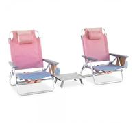 GOPLUS Juego de 2 Sillas Playa y Mesa Plegable, Silla Plegable Reclinable con 5 Posiciones Ajustables, 3 Bolsas de Almacenaje y Almohada, Silla Portátil para Jardín Piscina Camping (Rosa Degradado)
