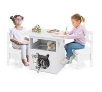 GOPLUS Juego de 3 Mesa y Sillas Infantil, Mesa para Actividades de Madera con Casita y Agujero para Gatos, 2 Sillas Ergonómicas con Cajones de Tela, Set Escritorio 2 en 1 para Niños de 3+ Años