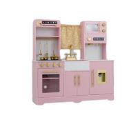 GOPLUS Juego de Cocina de Juguete, Cocina Juguete para Niños con Cafetera, Horno, Fregadero, Cortina, Microondas, Sonidos y Luces Reales, Cocinitas de Juguetes para Niños de 3+ Años (Rosa)