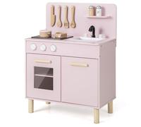 GOPLUS Juego de Cocina para Niños, Cocina de Juguete para Niños con Estufa Iluminada y Sonidos de Cocina, Horno, Fregadero, Grifo, Accesorios de Cocina, Juego de Cocina de Madera (Rosa)