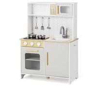 GOPLUS Juego de Cocina para Niños, Set de Cocina de Imitación con Luces y Sonidos, Estufa, Horno, Fregadero, Grifo, Microondas, Utensilios de Cocina, Juguete de Cocina de Madera (Blanco)