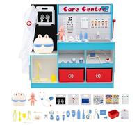 GOPLUS Juego de Doctor de Madera para Niños, Kit de Doctor Infantil con 29 Accesorios para Infusión, Lavabo, Radiografías, Monitor ECG y Tabla Optométrica, para Niños de 3 a 6 Años (Azul)