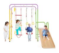 GOPLUS Juego de Escalada para Niños, Gimnasio Montessori para Interior con Muro de Escalada, Barras, Cuerda de Trepa, Anillas, Columpio, Tobogán y Trepador, Parque Infantil para Niños de 3+ Años