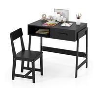 GOPLUS Juego de Escritorio y Silla para Niños, Set de Escritorio de Estudio Infantil de Madera con Cajón, Patas de Madera de Pino, Mesa de Escritura para Estudiantes (Negro)