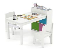 GOPLUS Juego de Mesa de Arte y Actividades para Niños, Mesa de Manualidades con 2 Sillas, Rollo de Papel, Estantes y 4 Cestas de Tela, para Niños en la Sala de Juegos (Blanco)