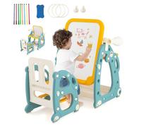 GOPLUS Juego de Mesa y Silla Infantil 4 en 1, Caballete Infantil con Pizarra Blanca Ajustable de 3 Niveles, Telescopio, Anillos, Marcadores, Mueble Multiusos para Niños de 1-8 Años