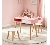 GOPLUS Juego de Mesa y Silla Infantil con Silla y Taburete, Mesa de Manicura para Niños con Ricos Accesorios de Manicura, Escritorio Infantil con Cajón y Compartimento de Almacenamiento