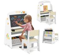 GOPLUS Juego de Mesa y Silla para Niños, Mesa de Caballete con Taburete, Pizarra Blanca Magnética, Pizarra de Tiza, 2 Cajas de Tela Plegables y Estantería, Centro de Actividades para Pintar (Natural)