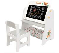 GOPLUS Juego de Mesa y Silla para Niños, Mesa de Caballete con Taburete, Pizarra Blanca Magnética, Pizarra de Tiza, 2 Cajas de Tela Plegables y Estantería, Centro de Actividades para Pintar (Gris)