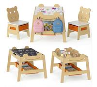 GOPLUS Juego de Mesa y Sillas 5 en 1 para Niños, Escritorio de Madera con Pizarra Blanca, 3 Cubos, 4 Ganchos, Compartimento Oculto, Mueble para Niños de 3 a 10 Años (Natural,70 x 60,5 x 50 cm)
