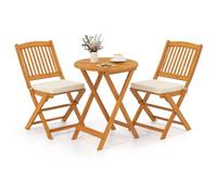 GOPLUS Juego de Mesa y Sillas para Jardín 3 Piezas, 1 Mesa Redonda y 2 Sillas Plegables con Cojines, Muebles Jardin de Madera de Acacia para Exterior Terraza Patio Bistro Piscina (Beige)