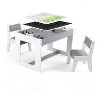 GOPLUS Juego de Mesa y Sillas para Niños, Set de 4 Muebles de Madera para Actividades Artísticas con Pizarra Blanca Reversible, Pizarra Negra y Cubos para Dibujar, para Niños de 3-6 Años (Blanco)
