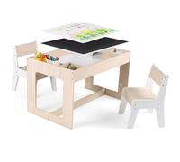 GOPLUS Juego de Mesa y Sillas para Niños, Set de 4 Muebles de Madera para Actividades Artísticas con Pizarra Blanca Reversible, Pizarra Negra y Cubos para Dibujar, para Niños de 3-6 Años (Natural)