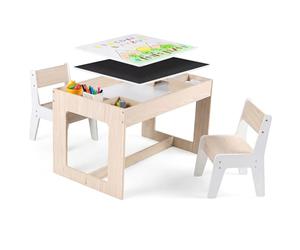 GOPLUS Juego de Mesa y Sillas para Niños, Set de 4 Muebles de Madera para Actividades Artísticas con Pizarra Blanca Reversible, Pizarra Negra y Cubos para Dibujar, para Niños de 3-6 Años (Natural)