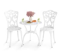 GOPLUS Juego de Muebles 3 Piezas Jardín Exterior, 1 Mesa Redonda y 2 Sillas de Aluminio con Respaldo Alto, Patrón Delicado, Agujero de Sombrilla, para Jardín Balcón Patio Terraza Bistro (Blanco)