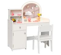 GOPLUS Juego de Tocador Niña y Silla con Almacenamiento, Set de Tocador de Maquillaje con Taburete, Estantes/Cajón/Armario, Mesa con Espejo Acrílico y Luces LED de 2 Colores, Carga 50KG (Blanco)