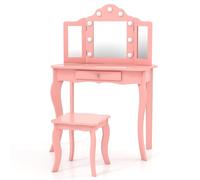 GOPLUS Juego de Tocador para Niñas, Mesa de Maquillaje Infantil con Espejo y Taburete, Luz LED de 3 Colores, Cajón de Almacenamiento, Mesa de Princesa y Silla para 3+ Niños (Rosa)