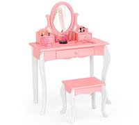 GOPLUS Juego de tocador para niños, exquisito tocador con taburete y espejo giratorio de 360° y 3 cajones, tocador de estilo princesa, tocador para niñas (rosa)