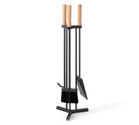 GOPLUS Juego de Utensilios para Chimenea, 4 Accesorios para Chimenea con Atizador, Pala, Cepillo y Soporte, Kit para Leña con Mangos de Madera Maciza, para Uso Interior Exterior
