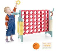 GOPLUS Juego Gigante De 4 En Fila con Aro De Baloncesto Y Anillo De Lanzamiento, 42 Anillos De Fácil Agarre, Palanca De Reinicio Rápido, Juego De Juegos para Interiores Y Exteriores (Rojo Y Azul)