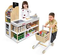 GOPLUS Juguete de Supermercado Infantil, Juguetes de Tienda para Niños de Madera, con Carrito de Compra, Caja Registradora con Pistolas de Lectura y Máquinas de Tarjetas, 90 x 62 x 111 cm