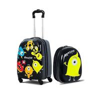 GOPLUS Maleta Infantil, Equipaje de Viaje con Mochila, Equipaje Infantil, Juego de Mochila y Maleta, Gran Capacidad y Ruedas, 16 '' Maleta + 12 '' Mochila（Monstruo）