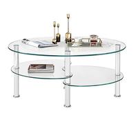 GOPLUS Mesa Baja de Cristal Templado con 3 Niveles, Mesa Baja de salón Ovalada, Extremo de sofá para salón, Oficina, Hotel, Transparente, 90x50x45cm (LxlxH)