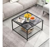 GOPLUS - Mesa baja de cristal templado con estantería, mesa baja con marco de metal resistente, mesa auxiliar para sofá, carga 50 + 20 kg, 70 x 70 x 45 cm (gris)