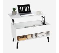 GOPLUS Mesa Baja elevable para Bar de Gas con Bandeja elevable, Mesa Baja con 1 Compartimento Oculto y 2 estantes Abiertos, Patas de Madera para salón, Dormitorio (Blanco)