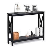 GOPLUS Mesa consola de 2 niveles, estrecha mesa auxiliar lacada, de madera, estable con barra lateral en forma de X, estilo rústico, para pasillo, salón, color negro