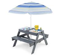 GOPLUS Mesa de Actividades Niño 4 en 1 con Banco, Madera, Gris, 96 x 75 x 54 cm, Mesa de Picnic, arena, agua y almacenamiento, sombrilla ajustable, 3+ años