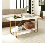 GOPLUS Mesa de Centro Ovalada de 2 Niveles, Mesa de Café con Mármol de Imitación y Estante Abierto, Marco Metálico Dorado, Carga 50+25KG, para Salón, Oficina o Recepción, 100 x 50 x 45 CM
