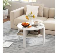 GOPLUS Mesa de Centro Redonda de 2 Niveles, Mesa de Café de Madera con Compartimiento Abierto, Almohadillas Antideslizantes, Mueble para Salón, Oficina, Sala de Espera, Carga 60 kg (Blanco)