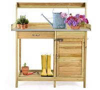 GOPLUS Mesa de Jardinería de Madera de Abeto, Mesa de Plantación con Cajón, Estante Abierto y 3 Ganchos, Banco de Trabajo para Jardín Exterior, Terraza, Patio, 112 x 46 x 125 cm, Natural