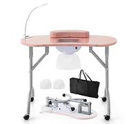 GOPLUS Mesa de Manicura Portátil con Colector de Polvo Eléctrico, Mesa de Manicura Plegable con 4 Ruedas Bloqueables, 3 Bolsas de Polvo, Lámpara LED Ajustable, Bolsa de Transporte, para Spa (Rosa)