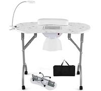 GOPLUS Mesa de Manicura Portátil con Colector de Polvo Eléctrico, Mesa de Manicura Plegable con 4 Ruedas Bloqueables, 3 Bolsas de Polvo, Lámpara LED Ajustable, Bolsa de Transporte, para Spa (Blanco)